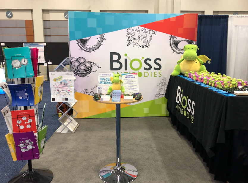 Bioss’ colorful custom presentation folders on display at a trade show along with other marketing materials.
