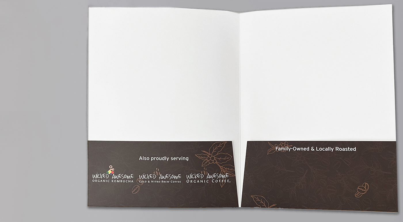 Inside panels and pockets of Boston's Best Coffee Roasters' presentation folder.
