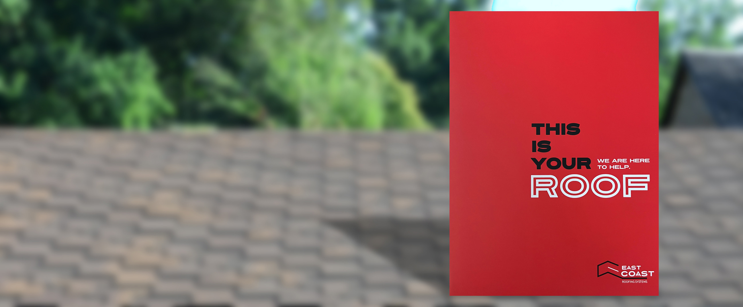 Composite image of East Coast Roofing Systems' presentation folder superimposed on an image of roof shingles.